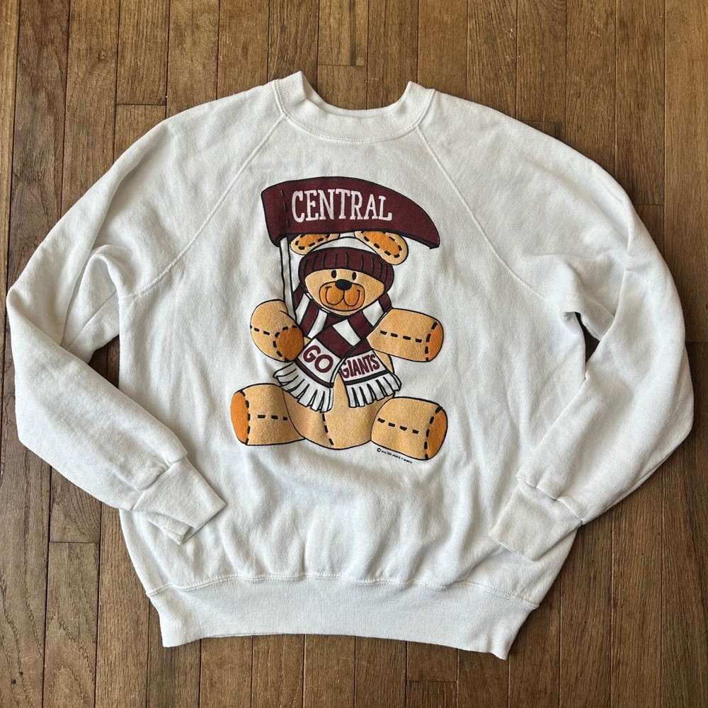 Vintage 80s Sporty‎ Teddy Bear Sweatshirt Raglan Crewneck Pullover Michigan L